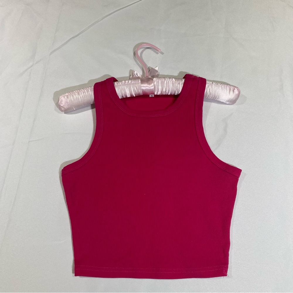 Women's Pink High Neck Rib-Knit Crop Top